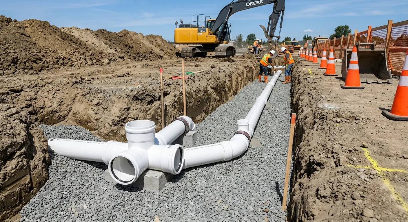 New PVC sewer pipe installation in open trench for Sewer Backup in Fair Oaks