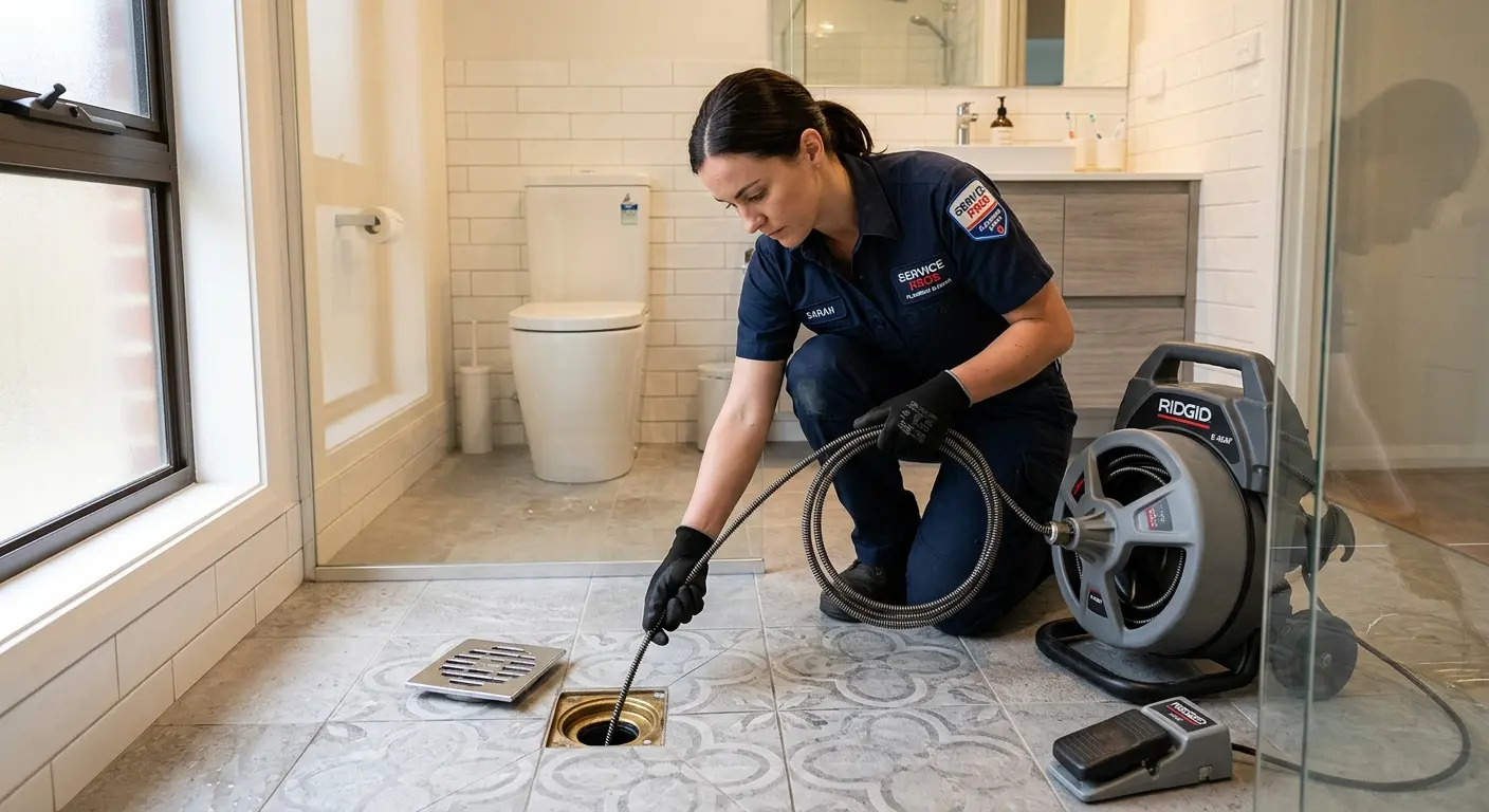 Technician clearing a bathroom floor drain for Drain Cleaning in Fair Oaks